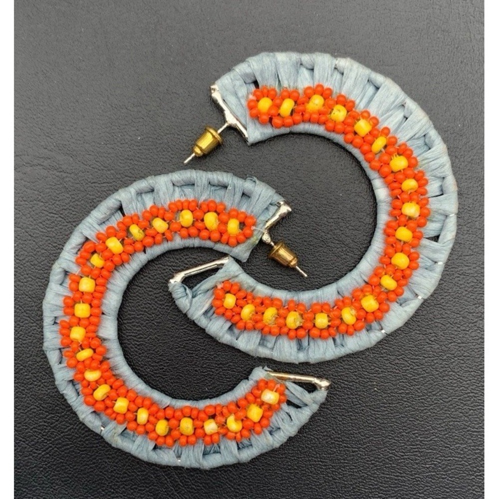 Blue Raffia And Orange & Yellow Seed Bead Hoop Earrings Boho
